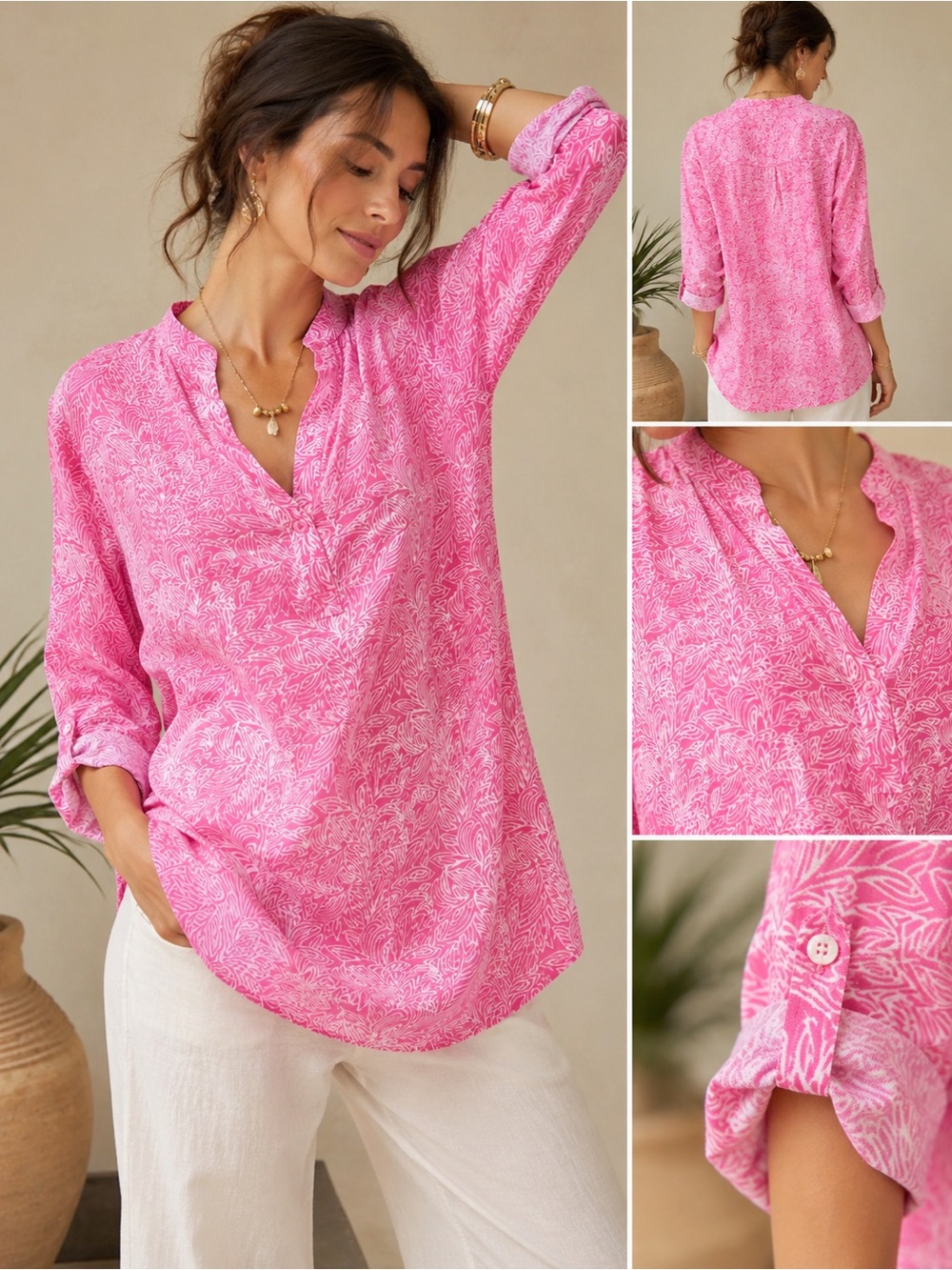 Three Islands Pink & White Batik Beach Tunic Top XL NWT Coastal Resort